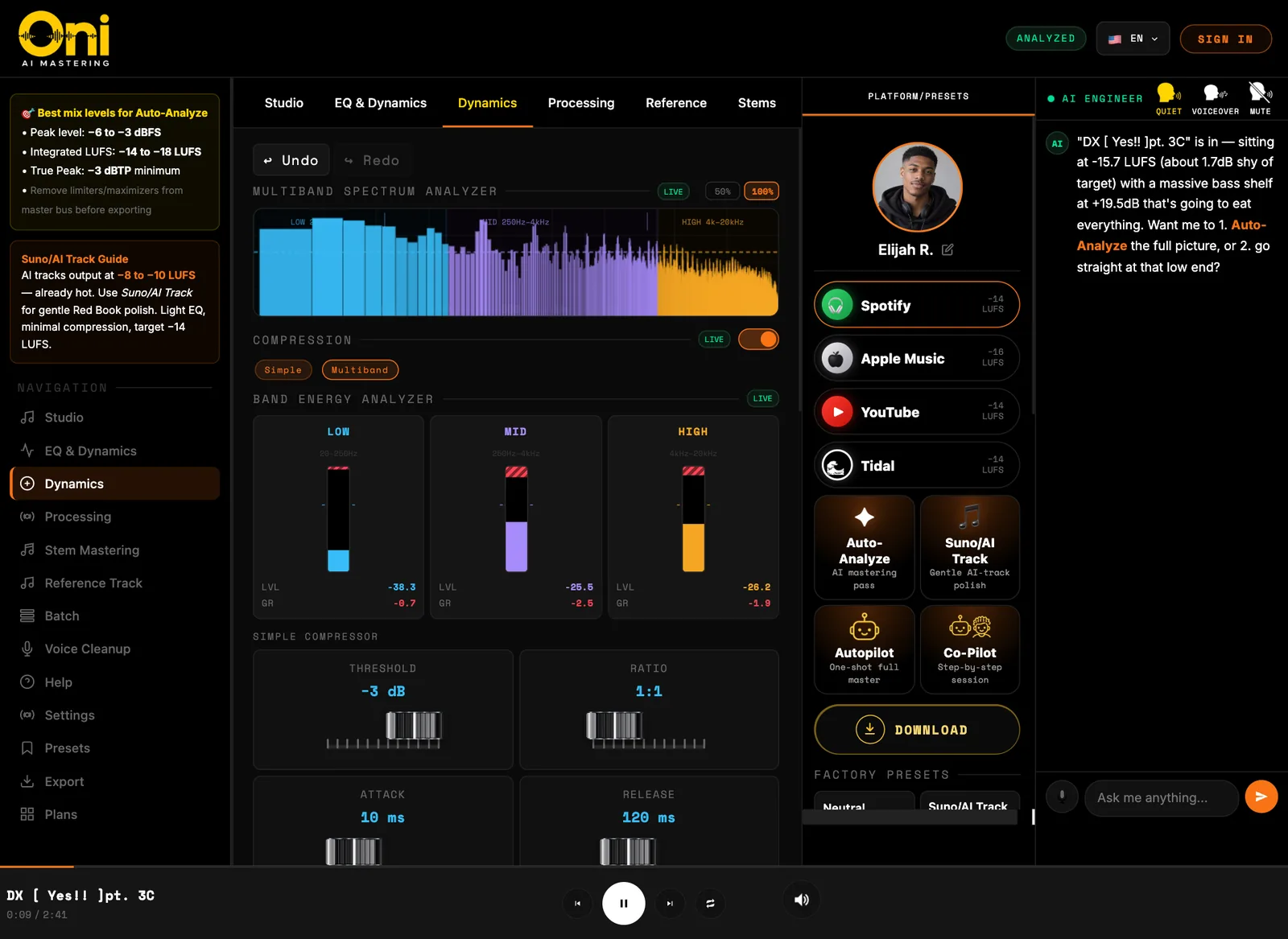 The Dynamics page of the Oni studio with the multiband compressor on and the band energy analyzer showing live level and gain reduction for each band.