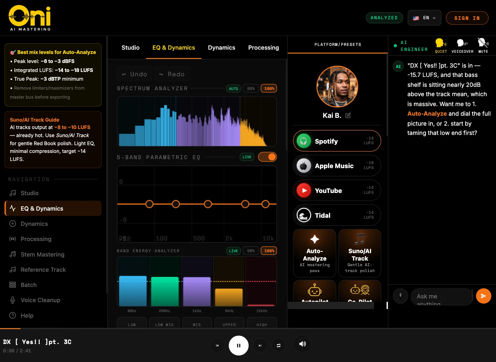 The EQ and Dynamics page of the Oni studio.