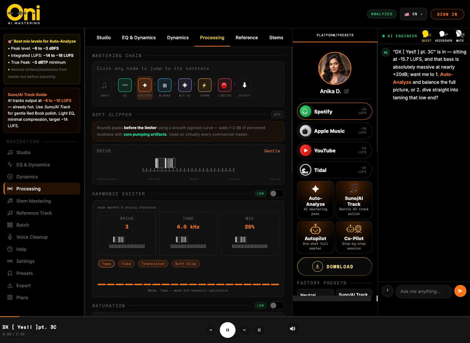 The Processing page of the Oni studio.