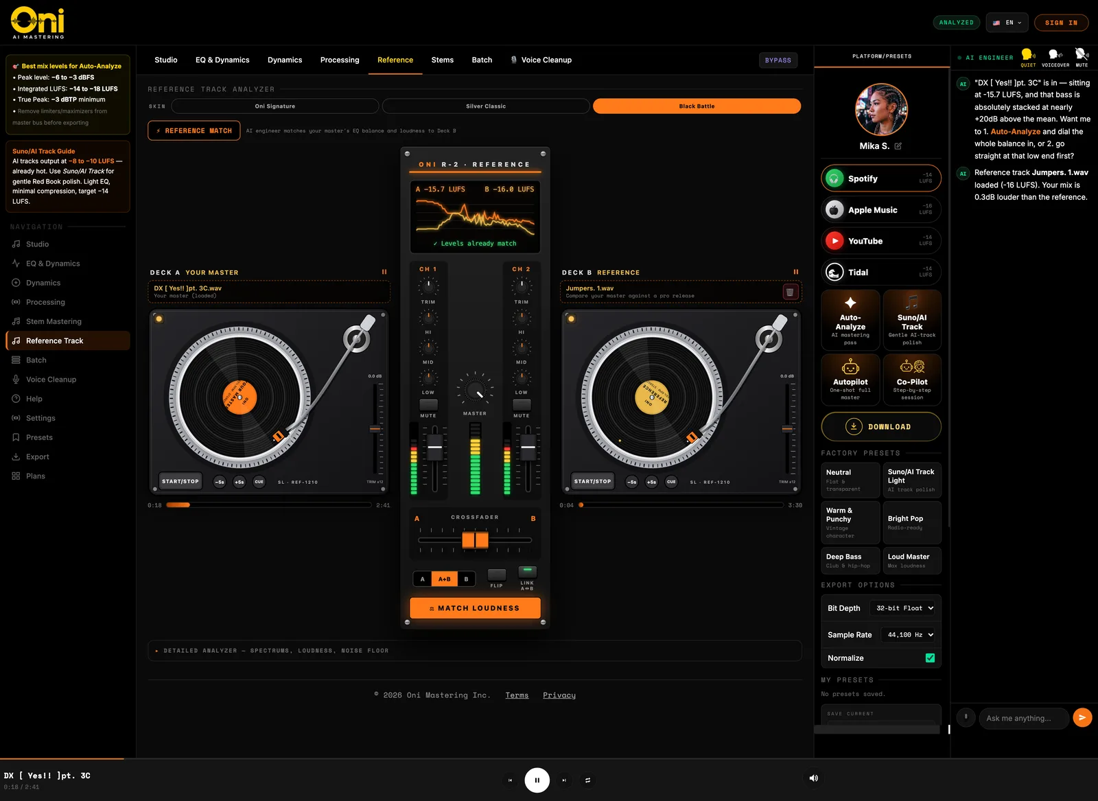 The Reference page of the Oni studio in the Black Battle skin: both turntables side by side with the reference mixer between them.