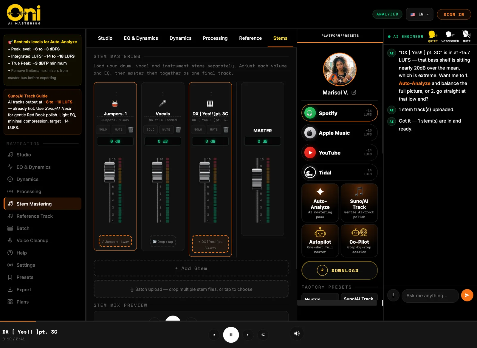 The Stems page of the Oni studio.