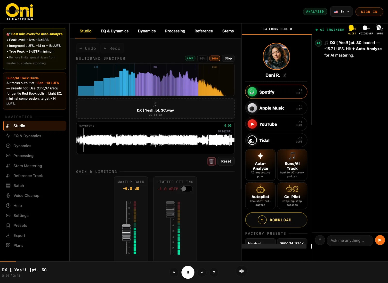The Studio page of the Oni studio.