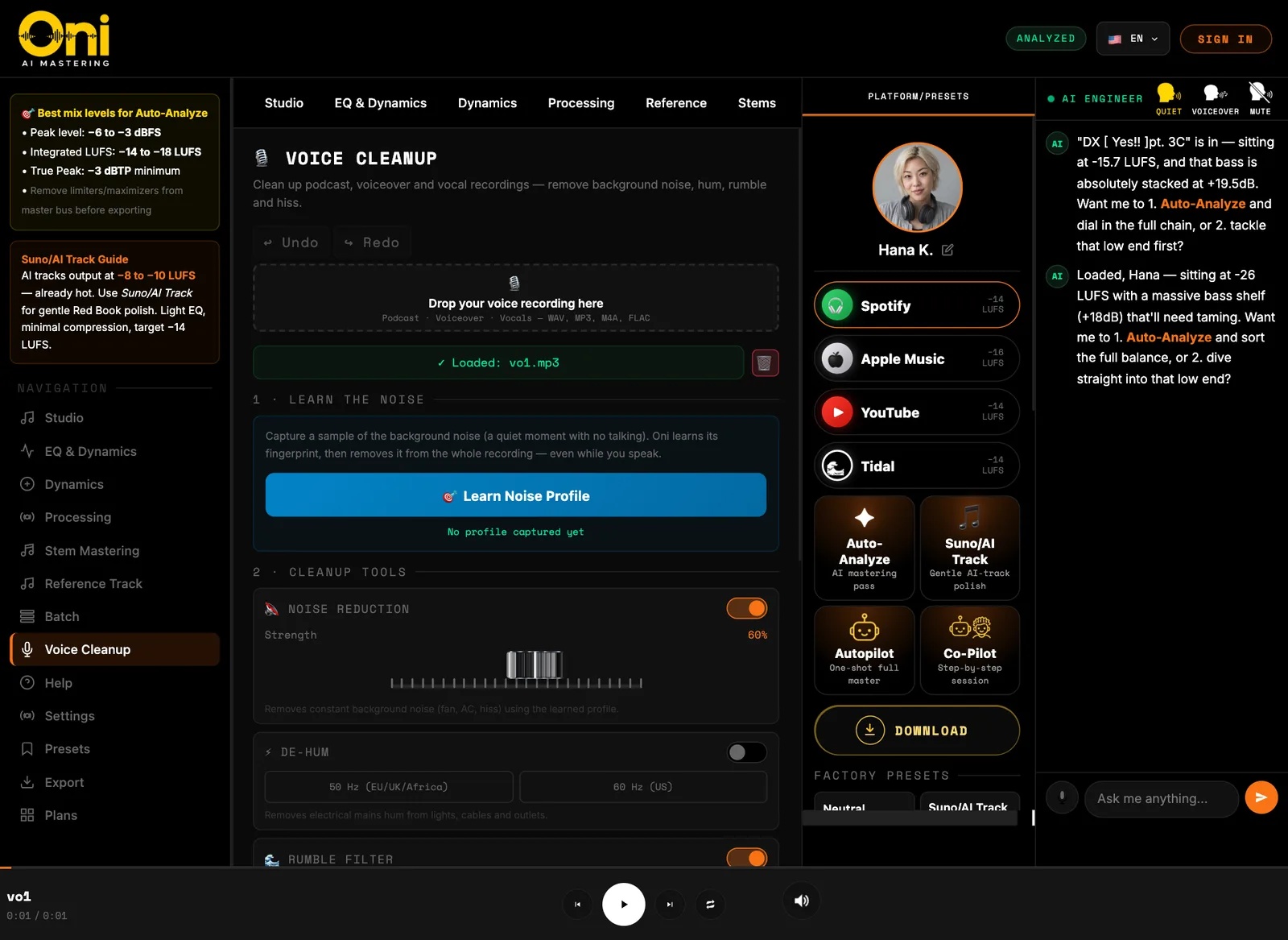 The Voice Cleanup page of the Oni studio.
