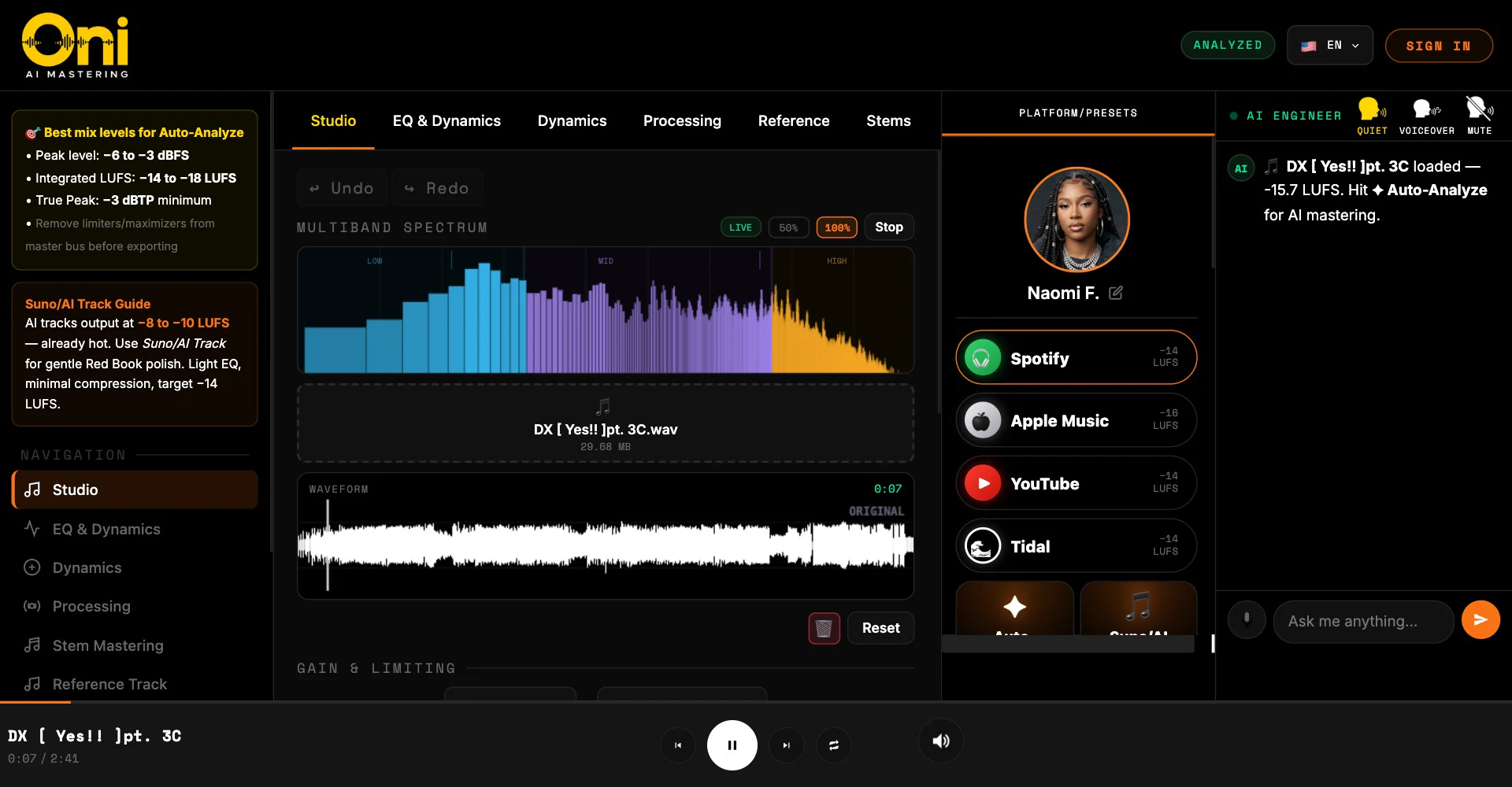 The full Oni studio playing a track: the multiband spectrum analyzer and waveform, the platform presets with the producer's profile photo and name, the AI engineer chat with its message box, and the transport controls.